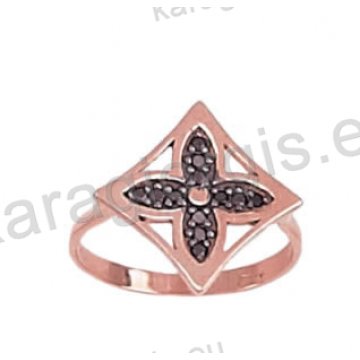 Δαχτυλίδι ροζ χρυσό σε σχήμα σταυρού με μαύρες πέτρες ζιργκόν 