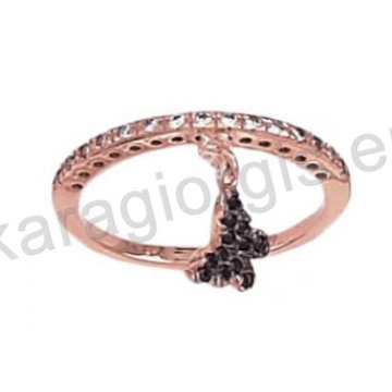 Δαχτυλίδι σειρέ σε ροζ χρυσό με άσπρες πέτρες ζιργκόν και κρεμαστή πεταλούδα