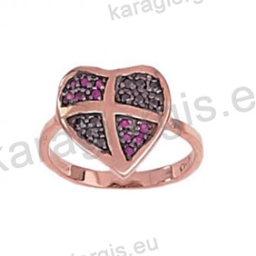 Δαχτυλίδι ροζ χρυσό σε σχήμα καρδιάς με κόκκινες πέτρες ζιργκόν και μαύρο χρυσό
