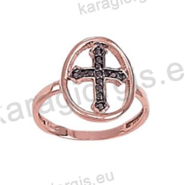 Δαχτυλίδι ροζ χρυσό σε σχήμα σταυρού με μαύρες πέτρες ζιργκόν 