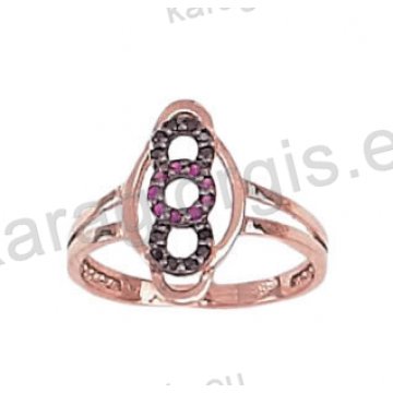 Δαχτυλίδι σε ροζ χρυσό με μαύρες και κόκκινες πέτρες ζιργκόν
