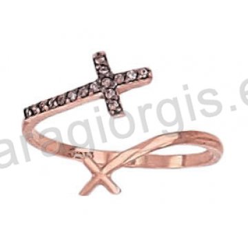 Δαχτυλίδι από ροζ χρυσό τύπου chevalier σε σχήμα διπλού σταυρού με μαύρες πέτρες ζιργκόν 