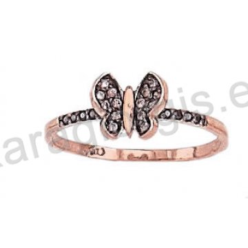 Δαχτυλίδι από ροζ χρυσό τύπου chevalier σε σχήμα πεταλούδας με μαύρες πέτρες ζιργκόν 