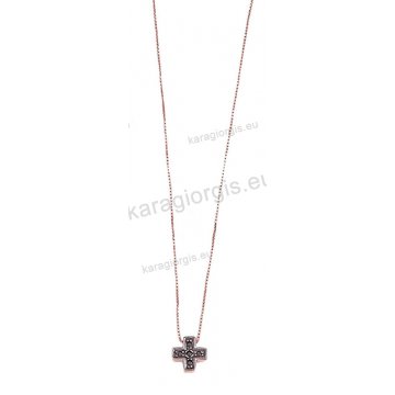 Κολιέ από ροζ χρυσό με σταυρό μαύρες πέτρες ζιργκόν σε μαύρο χρυσό