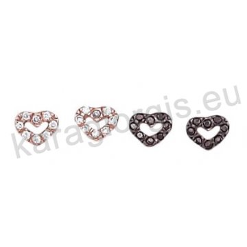 Σκουλαρίκια από ροζ χρυσό σε σχήμα καρδίας με λευκές ή μαύρες πέτρες ζιργκόν