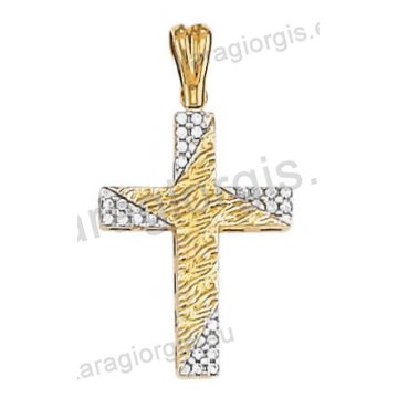 Σταυρός βάπτισης για κορίτσι χρυσός με λευκόχρυσο πέτρες ζιργκόν και χρυσό σφυρίλατο