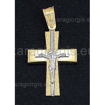 Βαπτιστικός σταυρός για αγόρι χρυσός με ένθετο λευκόχρυσο εσταυρωμένο