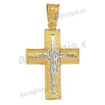 Σταυρός βάπτισης για αγόρι χρυσός με λευκόχρυσο και λευκόχρυσο εσταυρωμένο