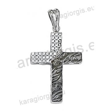 Βαπτιστικός σταυρός λευκόχρυσος για κορίτσι με πέτρες ζιργκόν διαμαντέ σκάλισμα και μαύρο πλατίνωμα