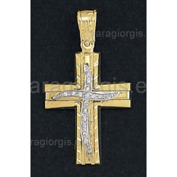 Βαπτιστικός σταυρός για κορίτσι χρυσό με λευκόχρυσο με πέτρες ζιργκόν και διαμαντέ σαγρέ φινίρισμα
