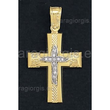 Βαπτιστικός σταυρός για κορίτσι χρυσό με λευκόχρυσο με πέτρες ζιργκόν και διαμαντέ σαγρέ φινίρισμα