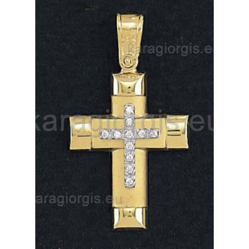 Βαπτιστικός σταυρός για κορίτσι χρυσό με λευκόχρυσο με πέτρες ζιργκόν