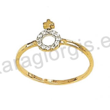 Δαχτυλίδι χρυσό τύπου Chevalier με το σύμβολο γυναίκας με άσπρες πέτρες ζιργκόν
