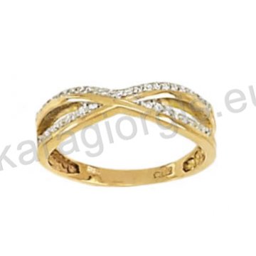 Σειρέ μισόβερο δαχτυλίδι χρυσό με λευκόχρυσο και άσπρες πέτρες ζιργκόν