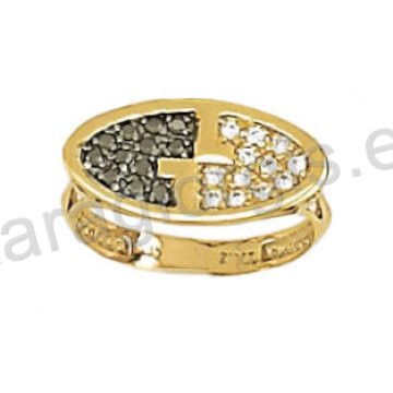 Δαχτυλίδι χρυσό τύπου Chevalier με μαύρο χρυσό με άσπρες και μαύρες πέτρες ζιργκόν