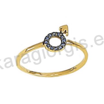 Δαχτυλίδι χρυσό τύπου Chevalier με το σύμβολο ανδρός με μαύρες πέτρες ζιργκόν