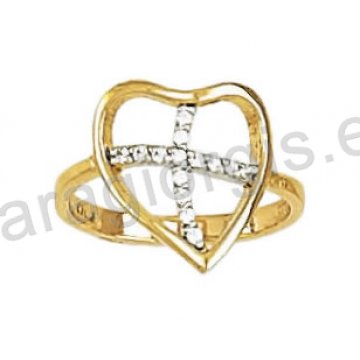 Δαχτυλίδι χρυσό τύπου Chevalier με καρδιά λευκό χρυσό και άσπρες πέτρες ζιργκόν