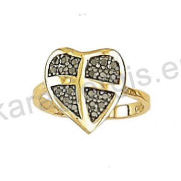 Δαχτυλίδι χρυσό τύπου Chevalier με καρδιά με μαύρο χρυσό και μαύρες πέτρες ζιργκόν