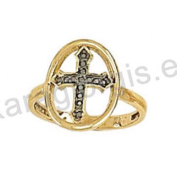 Δαχτυλίδι χρυσό τύπου Chevalier σε σχήμα σταυρού με μαύρο χρυσό και μαύρες πέτρες ζιργκόν