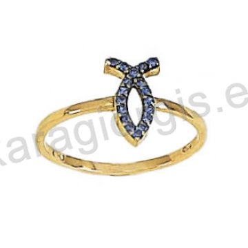 Δαχτυλίδι χρυσό τύπου Chevalier σε μαύρο χρυσό και μπλε πέτρες ζιργκόν