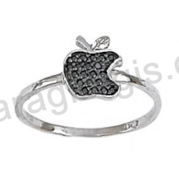 Δαχτυλίδι λευκόχρυσο τύπου Chevalier σε σχήμα μήλου με μαύρες πέτρες ζιργκόν σε μαύρο χρυσό 