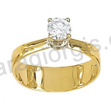 Μονόπετρο δαχτυλίδι δίχρωμο χρυσό με λευκόχρυσο σε αμερικάνικο τύπο με άσπρη πέτρα ζιργκόν