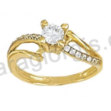 Μονόπετρο δαχτυλίδι δίχρωμο χρυσό με λευκόχρυσο σε σχήμα φλόγας με άσπρες πέτρες ζιργκόν στα πλαϊνά