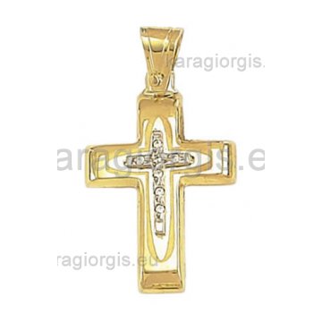 Βαπτιστικός σταυρός χρυσός με λευκόχρυσο για κορίτσι και πέτρες ζιργκόν