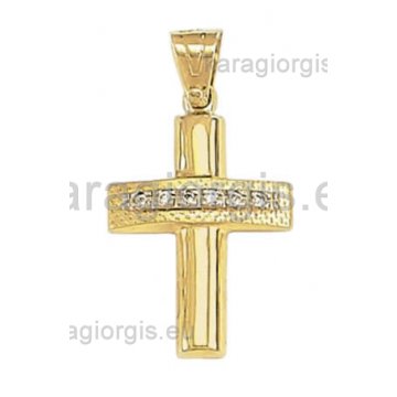 Βαπτιστικός σταυρός χρυσός με λευκόχρυσο για κορίτσι σκαλιστό και πέτρες ζιργκόν