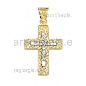 Βαπτιστικός σταυρός χρυσός με λευκόχρυσο για κορίτσι σκαλιστό και πέτρες ζιργκόν