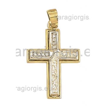 Βαπτιστικός σταυρός χρυσός με σφυρίλατο λευκόχρυσο για κορίτσι και πέτρες ζιργκόν