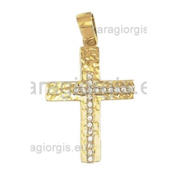 Βαπτιστικός σταυρός χρυσός σφυρίλατο με λευκόχρυσο για κορίτσι και πέτρες ζιργκόν