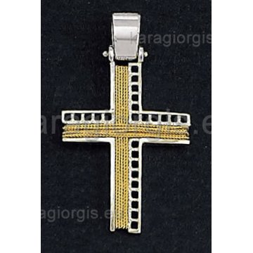 Βαπτιστικός σταυρός λευκόχρυσο για αγόρι με χρυσό σύρμα γυρισμένο στο χέρι