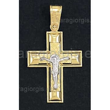 Βαπτιστικός σταυρός χρυσός για αγόρι με λευκόχρυσο εσταυρωμένο