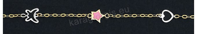 Βραχιολάκι παιδικό χρυσό με ροζ αστεράκι πεταλούδα και καρδούλα