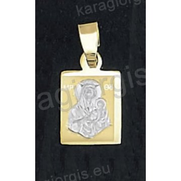 Παιδικό μενταγιόν - φυλακτό χρυσό με λευκόχρυση χαρακτή Παναγίτσα και Χριστούλη