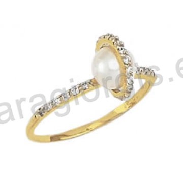 Μονόπετρο δαχτυλίδι χρυσό Κ14 με μαργαριτάρι και λευκές πέτρες ζιργκόν