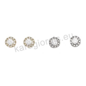 Σκουλαρίκια Κ14 λευκόχρυσα ή χρυσά σε σχήμα ροζέτας με λευκές πέτρες ζιργκόν