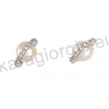 Σκουλαρίκια Κ14 λευκόχρυσα με μαργαριτάρι με λευκές πέτρες ζιργκόν