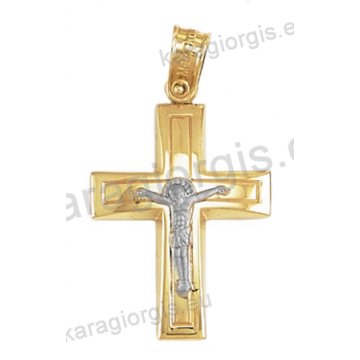 Βαπτιστικός σταυρός Κ14 για αγόρι δίχρωμος χρυσός με λουστρέ φινίρισμα με ένθετο λευκόχρυσο εσταυρωμένο