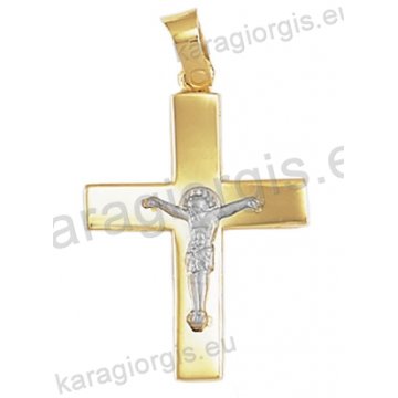 Βαπτιστικός σταυρός Κ14 για αγόρι δίχρωμος χρυσός με ματ φινίρισμα με ένθετο λευκόχρυσο εσταυρωμένο