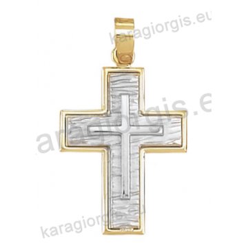 Βαπτιστικός σταυρός Κ14 για αγόρι δίχρωμος χρυσός με λευκόχρυσο με λουστρέ και σκαλιστό φινίρισμα με ένθετο λευκόχρυσο σταυρό