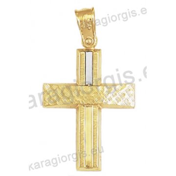 Βαπτιστικός σταυρός Κ14 για αγόρι δίχρωμος χρυσός με λευκόχρυσο με σαγρέ φινίρισμα
