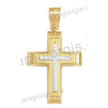 Βαπτιστικός σταυρός Κ14 για αγόρι δίχρωμος χρυσός με λουστρέ και ματ φινίρισμα με ένθετο λευκόχρυσο σταυρό