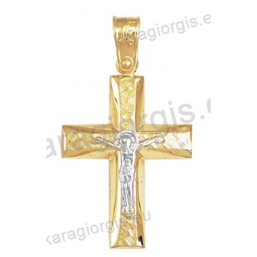 Βαπτιστικός σταυρός Κ14 για αγόρι δίχρωμος χρυσός με λουστρέ και σαγρέ φινίρισμα με ένθετο λευκόχρυσο εσταυρωμένο