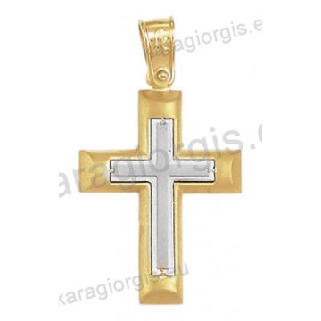 Βαπτιστικός σταυρός Κ14 για αγόρι δίχρωμος χρυσός με ματ φινίρισμα με ένθετο λευκόχρυσο σταυρό