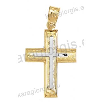 Βαπτιστικός σταυρός Κ14 για αγόρι δίχρωμος χρυσός με σαγρέ φινίρισμα με ένθετο λευκόχρυσο σταυρό