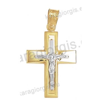 Βαπτιστικός σταυρός Κ14 για αγόρι δίχρωμος χρυσός με λουστρέ και ματ φινίρισμα με ένθετο λευκόχρυσο εσταυρωμένο