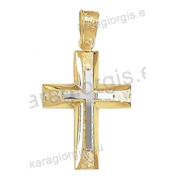 Βαπτιστικός σταυρός Κ14 για αγόρι δίχρωμος χρυσός με λουστρέ και σαγρέ φινίρισμα με ένθετο λευκόχρυσο σταυρό