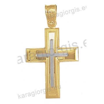 Βαπτιστικός σταυρός Κ14 για αγόρι δίχρωμος χρυσός με λουστρέ και ματ φινίρισμα με ένθετο λευκόχρυσο σταυρό